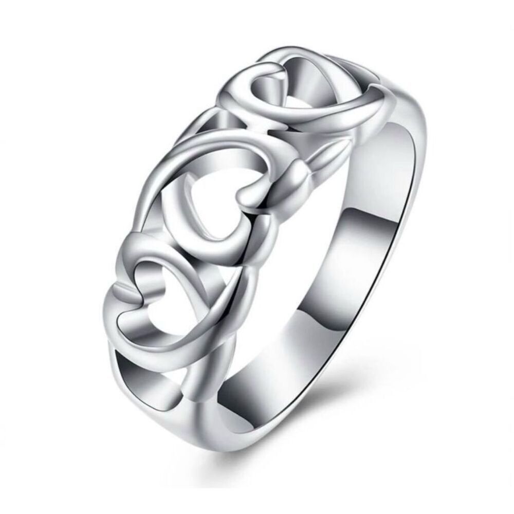 Brand New Womens Boutique Silver Plated Connected Hearts Heart Band Ring - Sz 8
